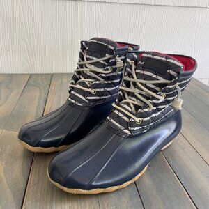 Sperry Saltwater Striped Quilted Duck Boots Navy Blue Side Zip Size 8 (I8)